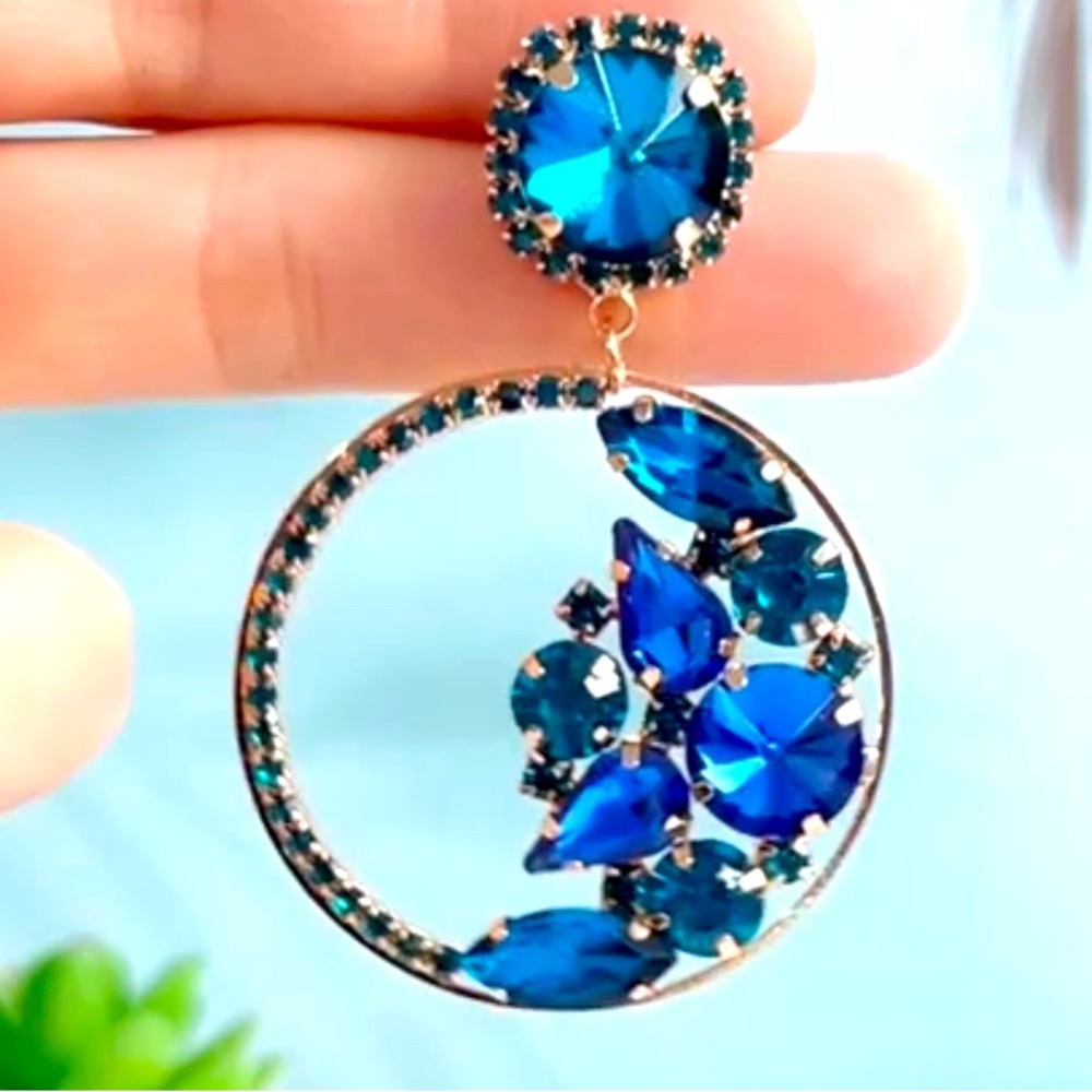 Blue Crystal Jeweled Earrings Sparkling Hoop
